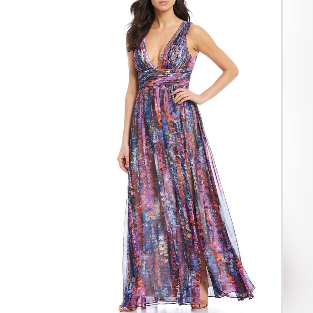 Aidan by Aidan Mattox Multicolor Floral Maxi Dress - Purple, Pink, Blue - Picture 4 of 10